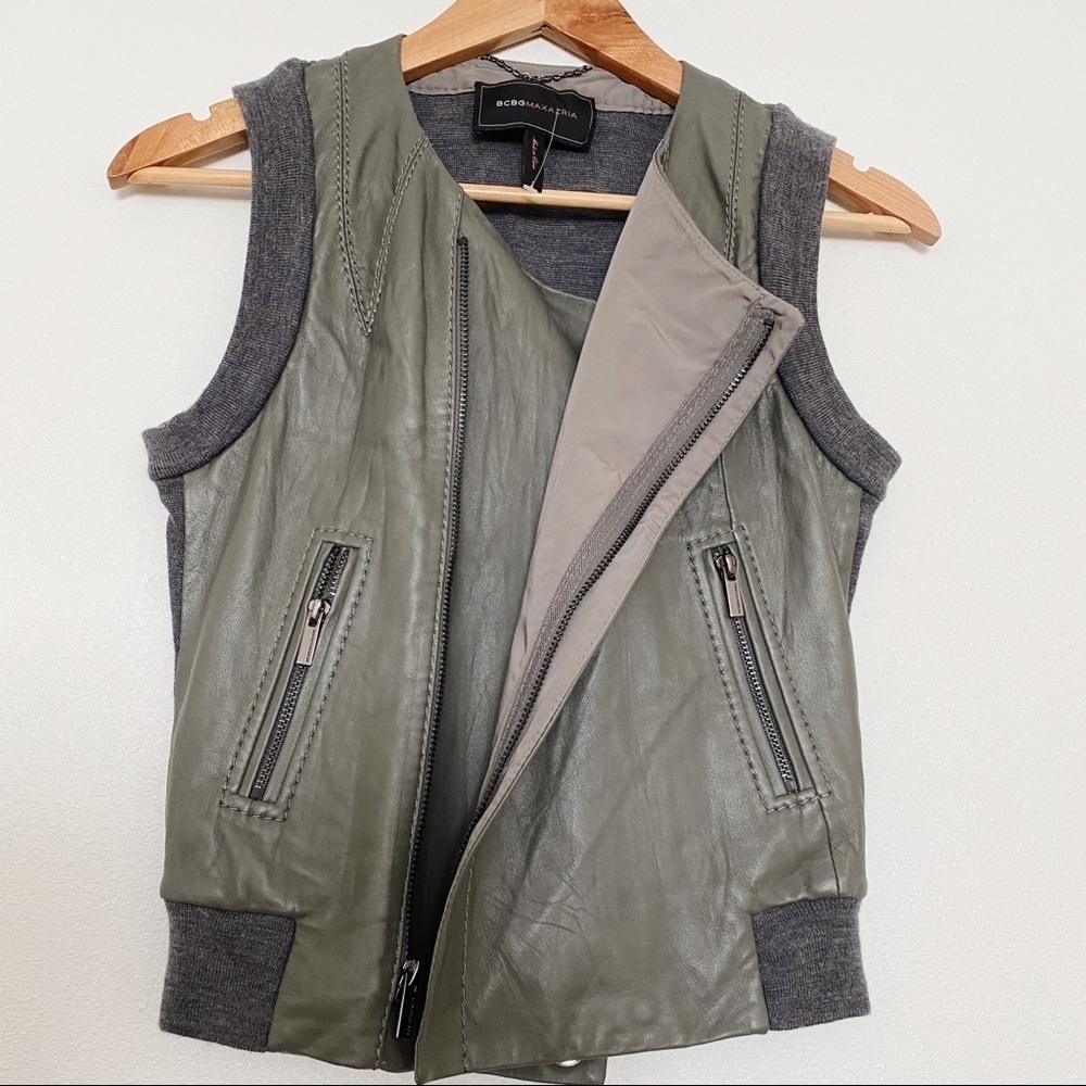 BCBGMaxAzria Leather Wool Vest Zip Up Olive Green Minimalist Quiet Luxury Size S - Picture 2 of 10